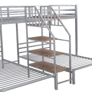 Bellemave Triple Bunk Bed with Storage Stairs Twin Over Two Twin Bunk Beds Metal Bunk Bed for 3 Kids with Storage Shelf for Three Boys Girls Teens, Silver