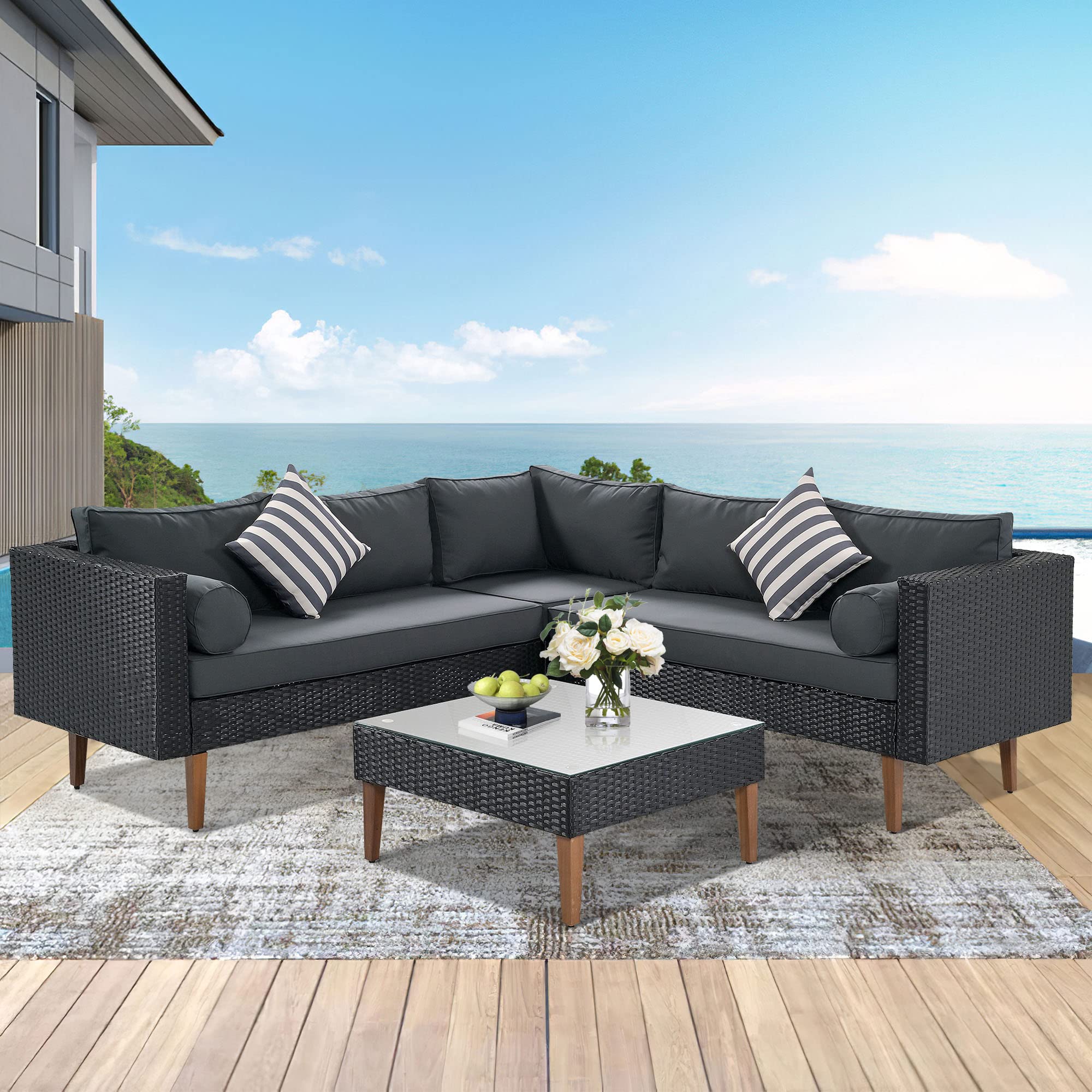 Merax 4 Pieces Patio Conversation Sets,Outdoor Rattan Sectional Sofa Couch Furniture with Cushions Pillows and Coffee Table, Black