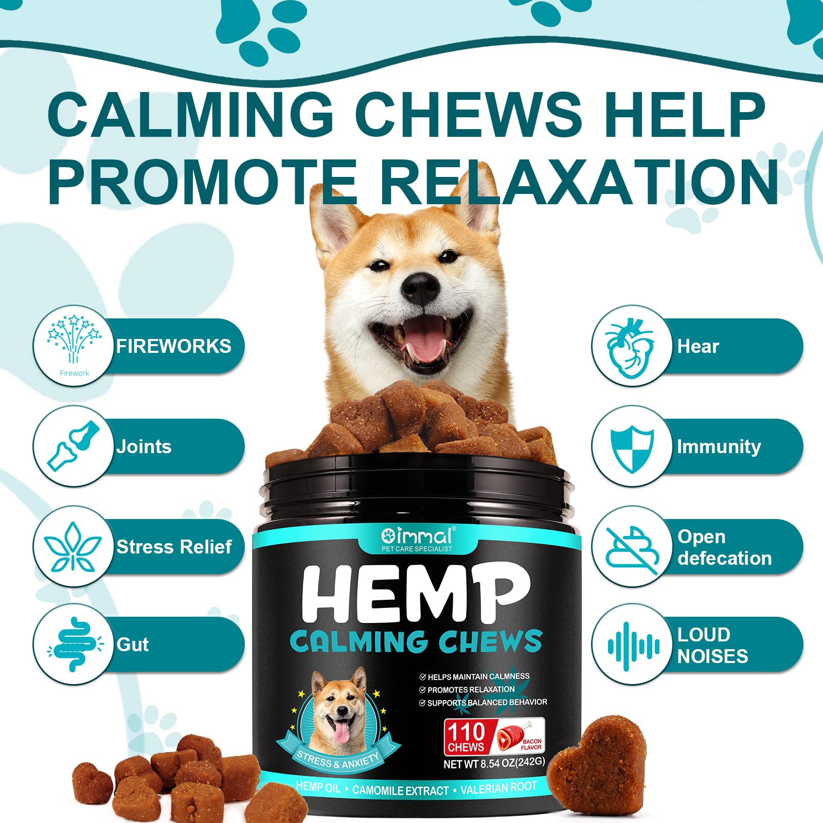 Oimmal Hemp Calming Chews for Dogs - Calming Treats for Dogs with Hemp + Valerian Root, Stress & Dog Anxiety Relief - Calming Dog Treats Helps Aid with Thunder, Fireworks, Chewing & Barking