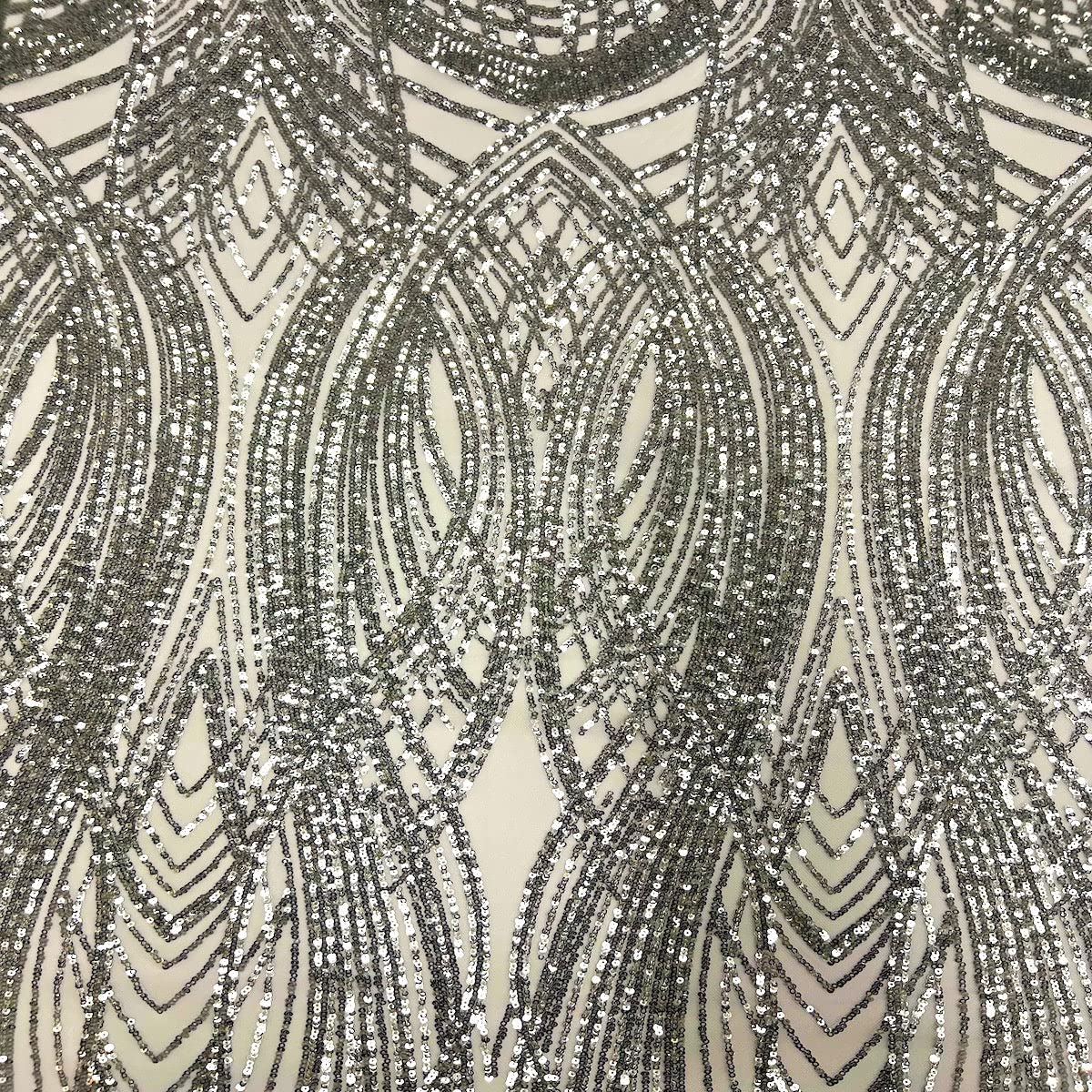 Fashion Fabrics LLC Silver Selena Wave Stretch Sequins Prom Couture Cocktail Lace Fabric - Sold by The Yard