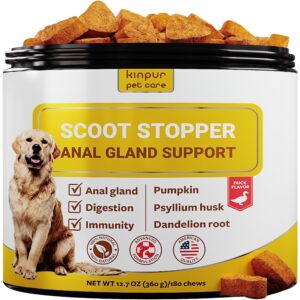 kinpur pet care scoot stopper dog soft chews w/fiber - stool hardener for dog anal gland treatment, digestion support -180 tasty chews w/natural flaxseed, pumpkin and psyllium husk for dog comfort