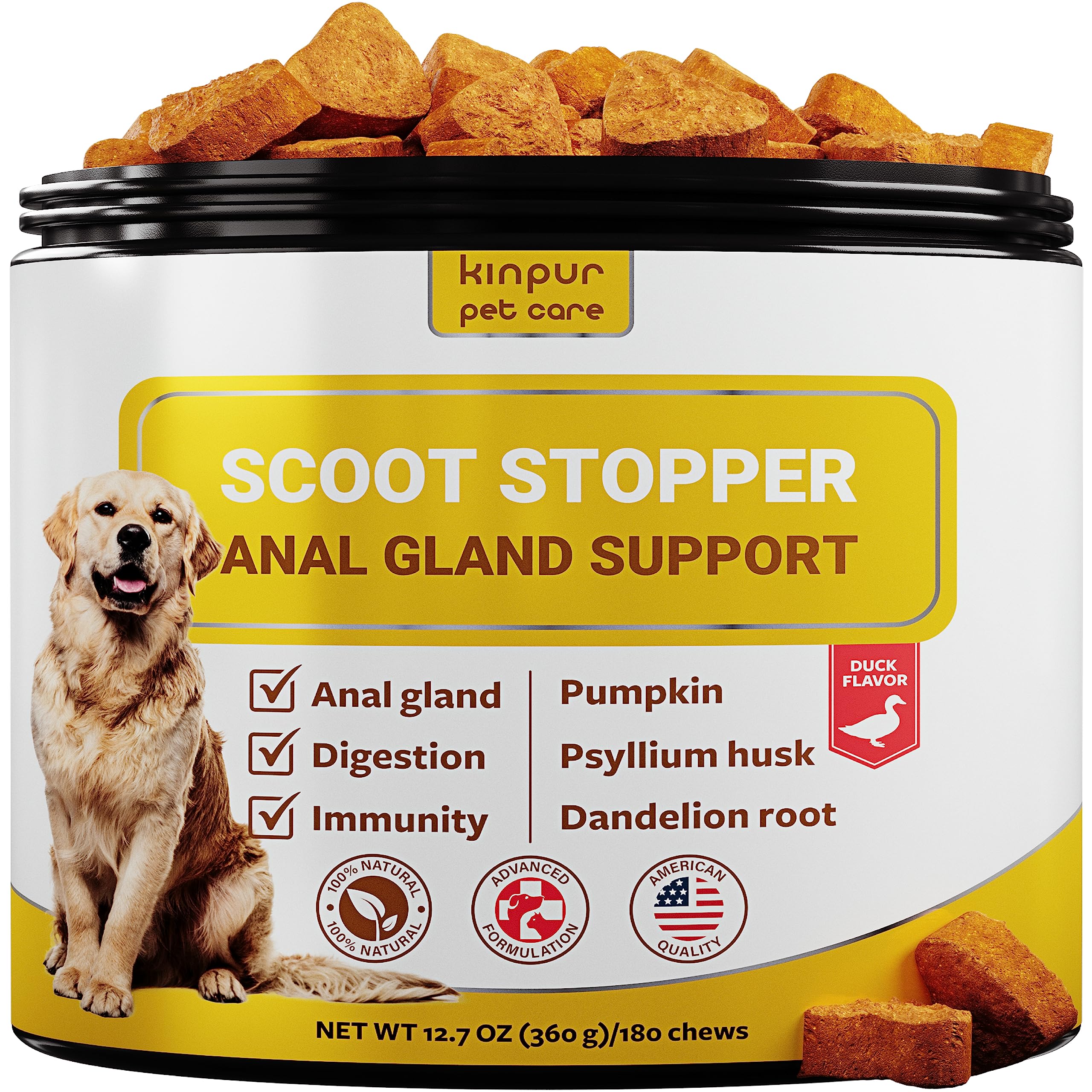 Kinpur Pet Care Scoot Stopper Dog Soft Chews w/Fiber - Stool Hardener for Dog Anal Gland Treatment, Digestion Support -180 Tasty Chews w/Natural Flaxseed, Pumpkin and Psyllium Husk for Dog Comfort