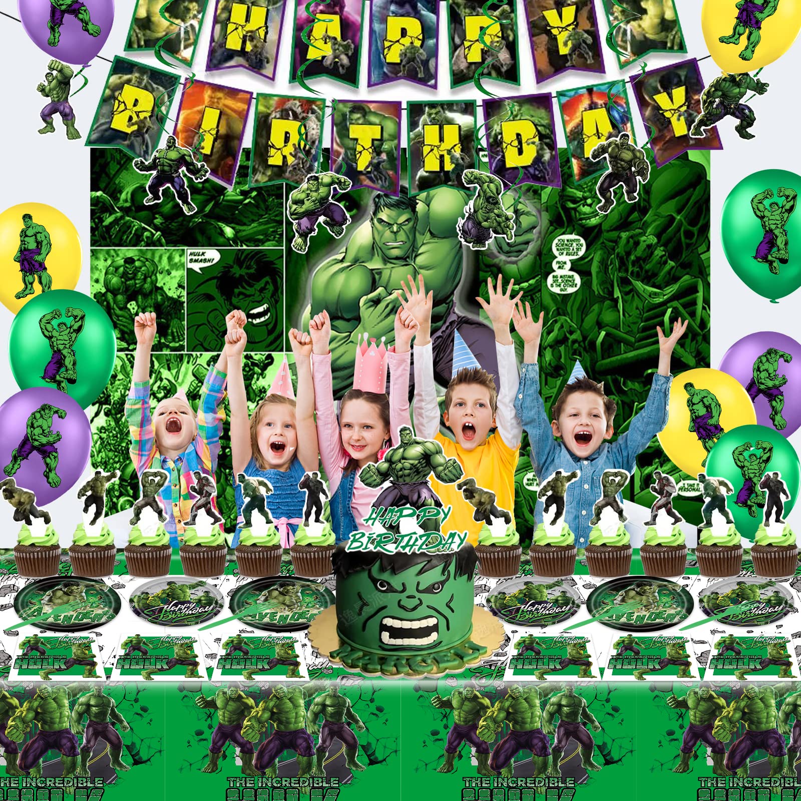 Hulk Birthday Party Supplies, Hulk Birthday Packs Include Happy Birthday Banner, Hanging Swirl, Backdrop, Cake & Cupcake Topper, Balloon, Plates, Napkins, Tablecloth, Superhero Birthday Party For Kids