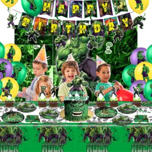 Hulk Birthday Party Supplies, Hulk Birthday Packs Include Happy Birthday Banner, Hanging Swirl, Backdrop, Cake & Cupcake Topper, Balloon, Plates, Napkins, Tablecloth, Superhero Birthday Party For Kids