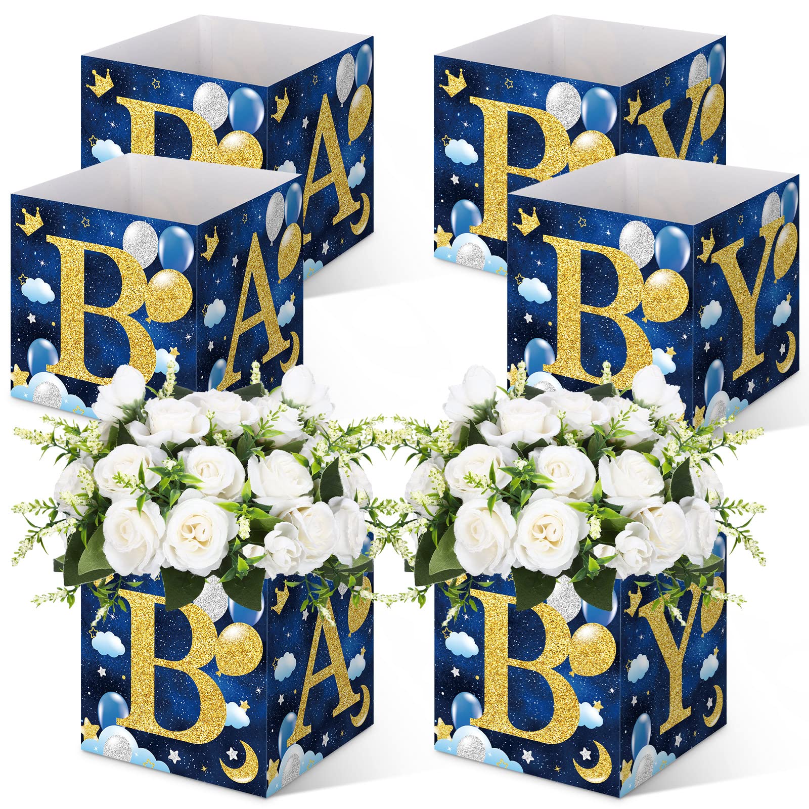 SATINIOR 6 Pieces Star Baby Shower Centerpieces Navy Blue Flower Boxes Baby Shower Party Arrangement Favor Blocks Holder Floral Table Display for Baby Shower Gender Reveal