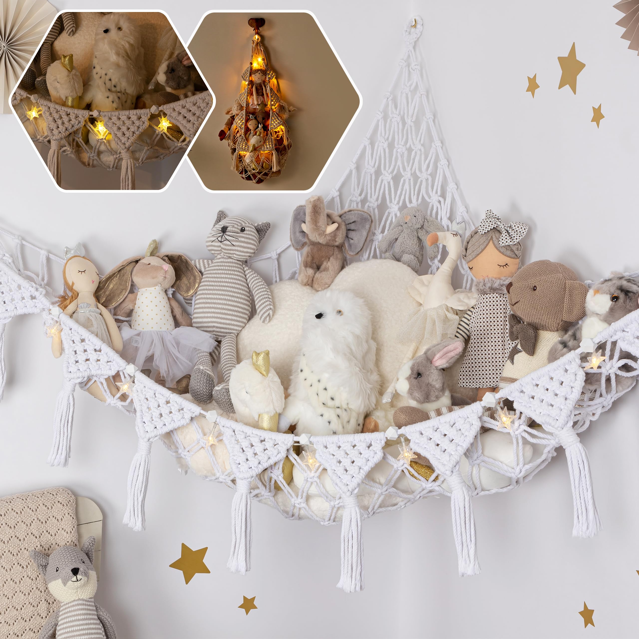 TIDYTEDS Snow White Macrame DreamLights Boho Stuffed Animal Storage Net for Stuffed Animals (Extra Large) and Stuffed Animal Net or Hammock for Small Stuffed Animals or Plushies. Pure Cotton