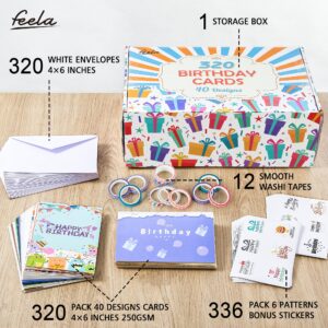 feela Birthday Cards Bulk, 320 Pack 40 Designs Happy Birthday Card Assortment Box with 320 Blank Envelopes, 336 Pieces of Stickers, 12 Washi Tapes, Greeting Cards for Employees Family, 4” X 6”