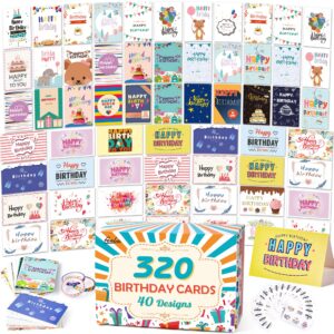 feela birthday cards bulk, 320 pack 40 designs happy birthday card assortment box with 320 blank envelopes, 336 pieces of stickers, 12 washi tapes, greeting cards for employees family, 4” x 6”