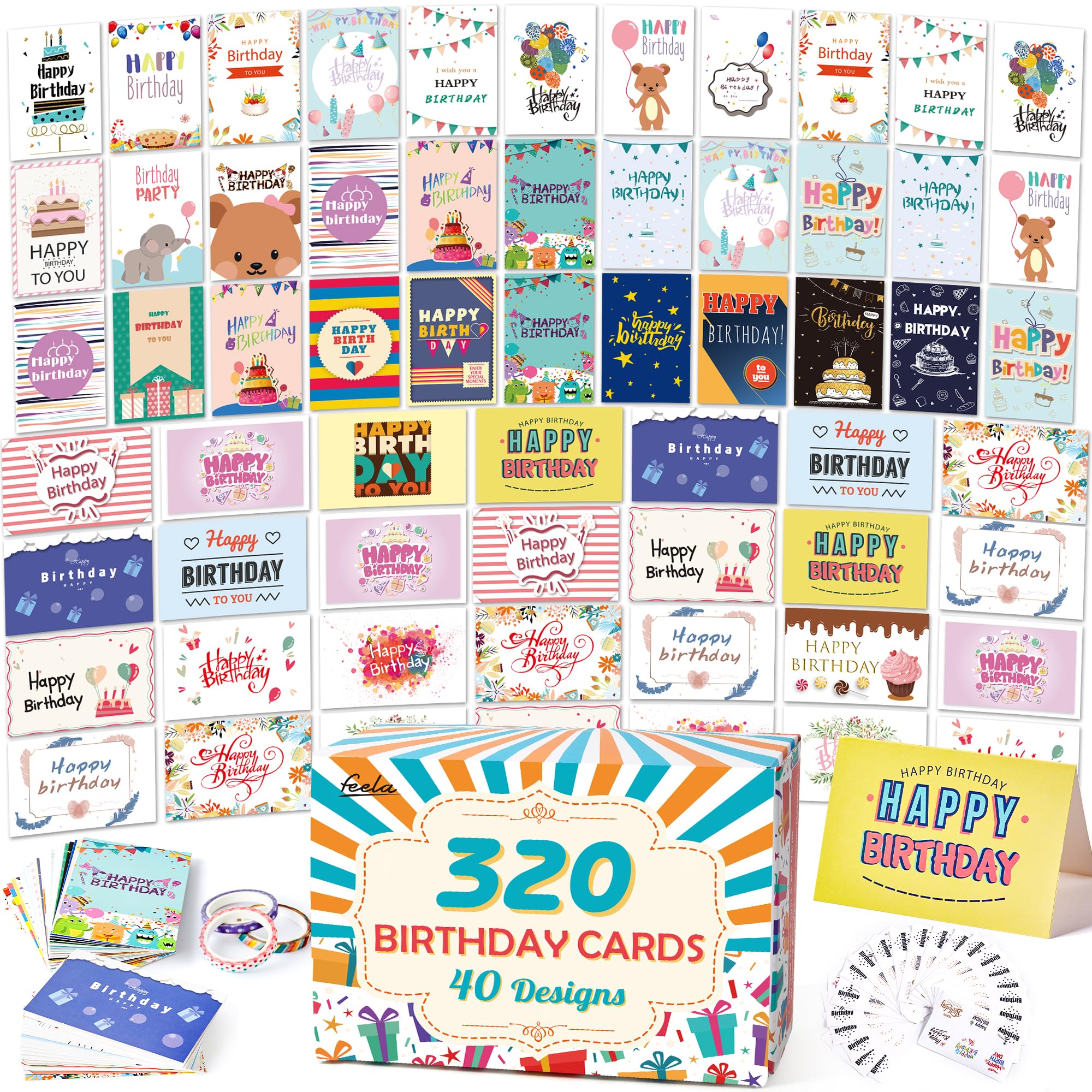 feela Birthday Cards Bulk, 320 Pack 40 Designs Happy Birthday Card Assortment Box with 320 Blank Envelopes, 336 Pieces of Stickers, 12 Washi Tapes, Greeting Cards for Employees Family, 4” X 6”