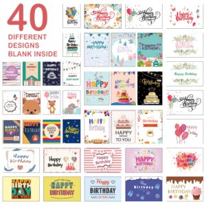 feela Birthday Cards Bulk, 320 Pack 40 Designs Happy Birthday Card Assortment Box with 320 Blank Envelopes, 336 Pieces of Stickers, 12 Washi Tapes, Greeting Cards for Employees Family, 4” X 6”