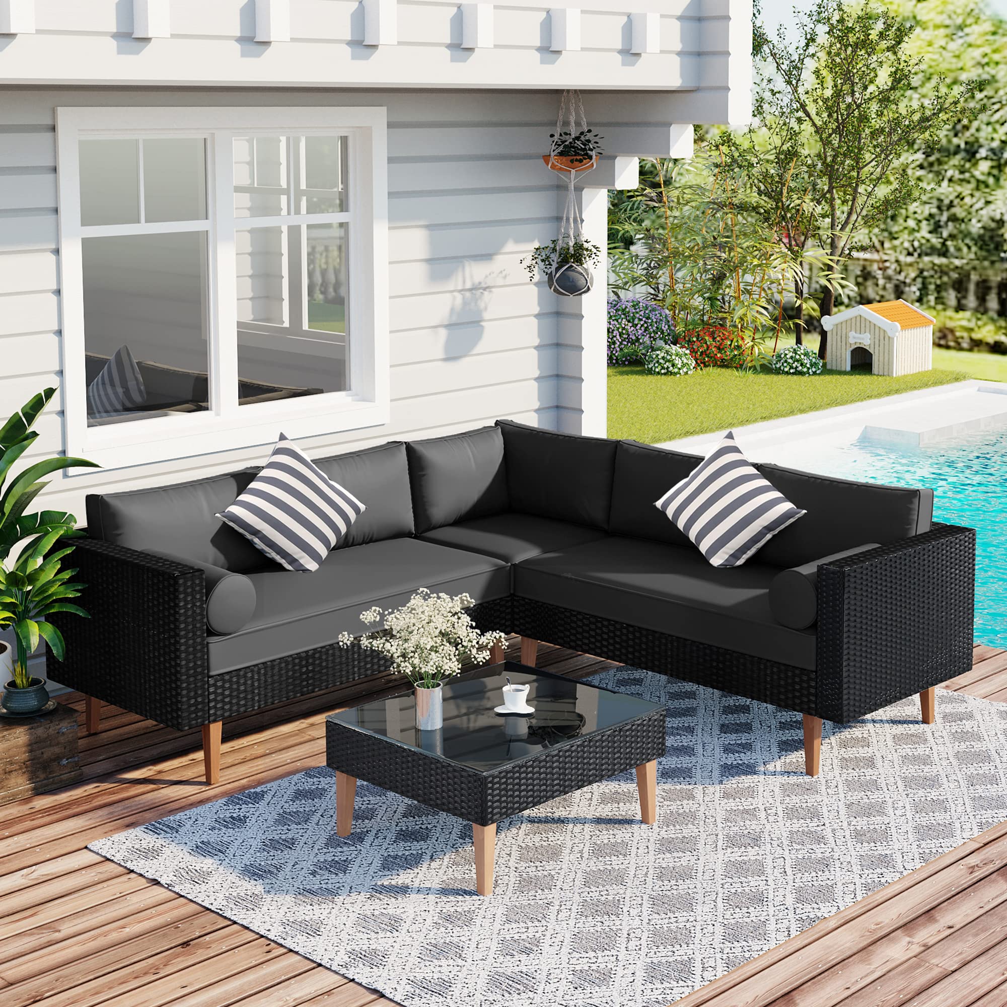 Merax 4 Pieces Patio Conversation Sets,Outdoor Rattan Sectional Sofa Couch Furniture with Cushions Pillows and Coffee Table, Black