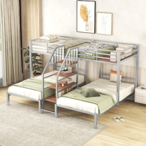 Bellemave Triple Bunk Bed with Storage Stairs Twin Over Two Twin Bunk Beds Metal Bunk Bed for 3 Kids with Storage Shelf for Three Boys Girls Teens, Silver