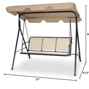 GRAFFY 3-Seat Deluxe Outdoor Swing with Weather Resistant Steel Frame & Polyester Angle Adjustable Tilt Canopy, 3 Person Porch Swing, Suitable for Patio, Garden, Poolside, Balcony, Brown