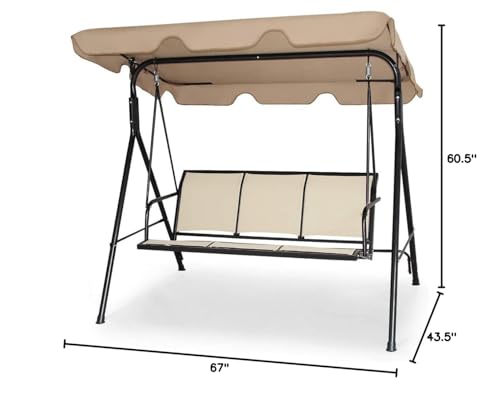 GRAFFY 3-Seat Deluxe Outdoor Swing with Weather Resistant Steel Frame & Polyester Angle Adjustable Tilt Canopy, 3 Person Porch Swing, Suitable for Patio, Garden, Poolside, Balcony, Brown