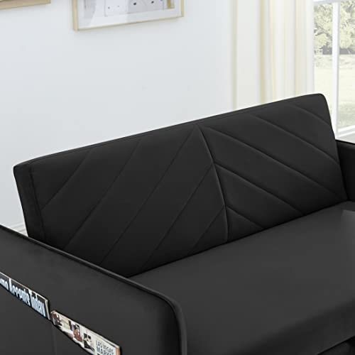 Velvet Upholstered Loveseat Sleeper Sofa w/Side Storage Pockets, 55" 2-Seaters Sofá with Pull-Out Couch Bed with 2 Pillows & Adjustable Backrest for Living Room Apartment Office Compact Space, Black