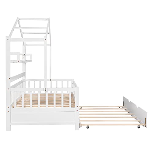 Merax Wood Twin Montessori Bed Frame with Twin Trundle/Book Shelf Low Sofa Daybed for Boys Girls No Box Spring Needed White