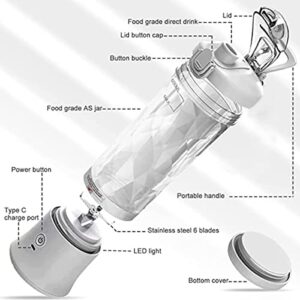 ABHI 600ML/20oz Portable Blender with Lanyard & Bottom Cover Drinking Spout 6 Stainless Steel Blades Juice Mixer Machine Type C Recharging Smoothie Vegetables Fruits Mixing Juicer - White