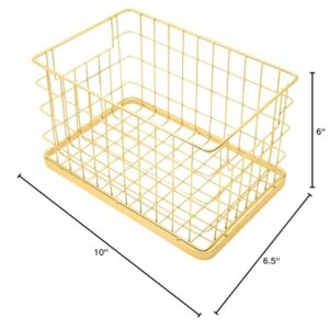 Set of 2 Stackable 10" Metal Wire Storage Basket Bins With Handles (Gold Wide Mesh Base)