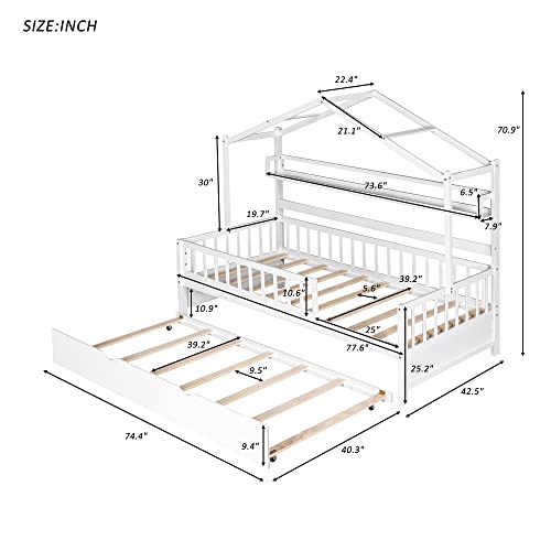 Merax Wood Twin Montessori Bed Frame with Twin Trundle/Book Shelf Low Sofa Daybed for Boys Girls No Box Spring Needed White