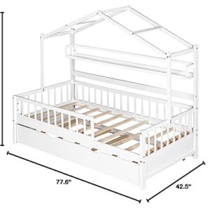 Merax Wood Twin Montessori Bed Frame with Twin Trundle/Book Shelf Low Sofa Daybed for Boys Girls No Box Spring Needed White