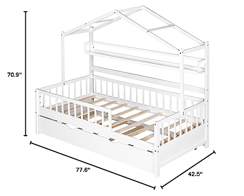 Merax Wood Twin Montessori Bed Frame with Twin Trundle/Book Shelf Low Sofa Daybed for Boys Girls No Box Spring Needed White