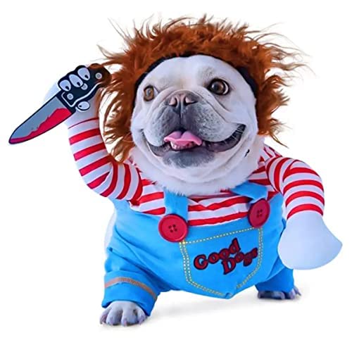 Chucky Deadly Pet Dog Costume Halloween Clothes Wig and Knife Novelty Funny Scary Props Outfit Apparel Accessories(Medium, pet Costume)