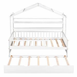 Merax Wood Twin Montessori Bed Frame with Twin Trundle/Book Shelf Low Sofa Daybed for Boys Girls No Box Spring Needed White