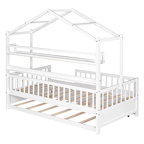 Merax Wood Twin Montessori Bed Frame with Twin Trundle/Book Shelf Low Sofa Daybed for Boys Girls No Box Spring Needed White