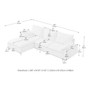 WILLIAMSPACE 100" Sectional Sofa Couch for Living Room, Modern L-Shaped 3 Seat Sofa with Chaise Lounge, Upholstered Sofa with Pillows and Black Metal Legs for Home Office (Left-Facing Chaise, Beige)