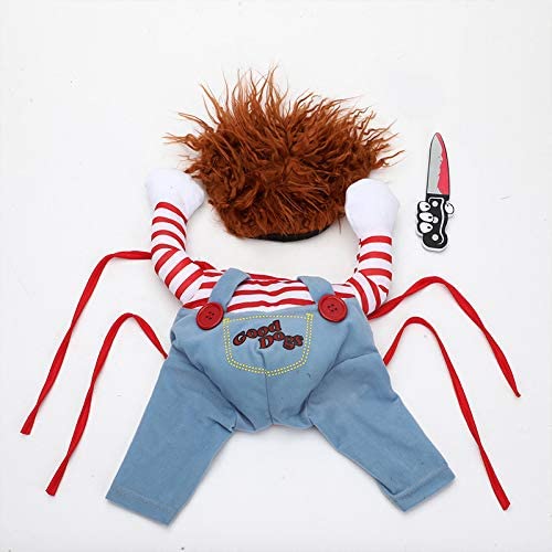 Chucky Deadly Pet Dog Costume Halloween Clothes Wig and Knife Novelty Funny Scary Props Outfit Apparel Accessories(Medium, pet Costume)