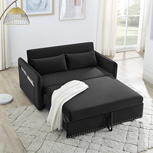 Velvet Upholstered Loveseat Sleeper Sofa w/Side Storage Pockets, 55" 2-Seaters Sofá with Pull-Out Couch Bed with 2 Pillows & Adjustable Backrest for Living Room Apartment Office Compact Space, Black