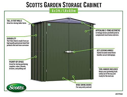 Scotts 6' x 3' x 6' Garden Storage Cabinet, Compact Outdoor Lockable Metal Shed Kit for Backyard, Patio, and Lawn