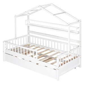 Merax Wood Twin Montessori Bed Frame with Twin Trundle/Book Shelf Low Sofa Daybed for Boys Girls No Box Spring Needed White