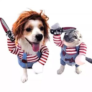 Chucky Deadly Pet Dog Costume Halloween Clothes Wig and Knife Novelty Funny Scary Props Outfit Apparel Accessories(Medium, pet Costume)