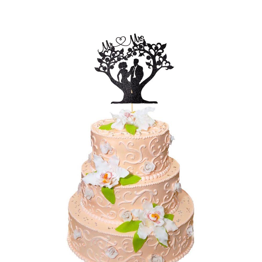 Romantic Mr & Mrs Under the Tree Wedding Cake Topper, Bride and Groom, Funny Love Cake Party Decorations, Black Glitter