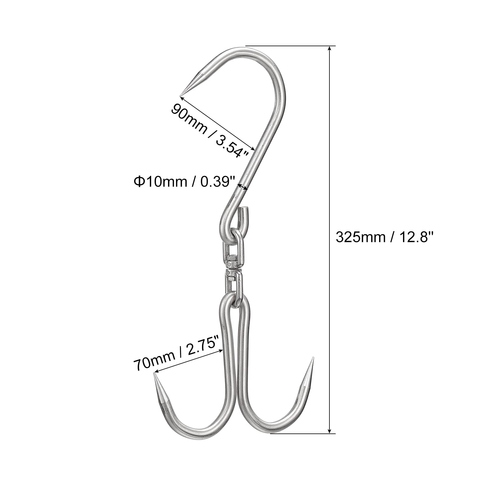 uxcell 12.8'' Double Meat Hooks, 0.39'' Thickness Stainless Steel Swivel Meat Hook for Hanging Drying Smoking Meat Products