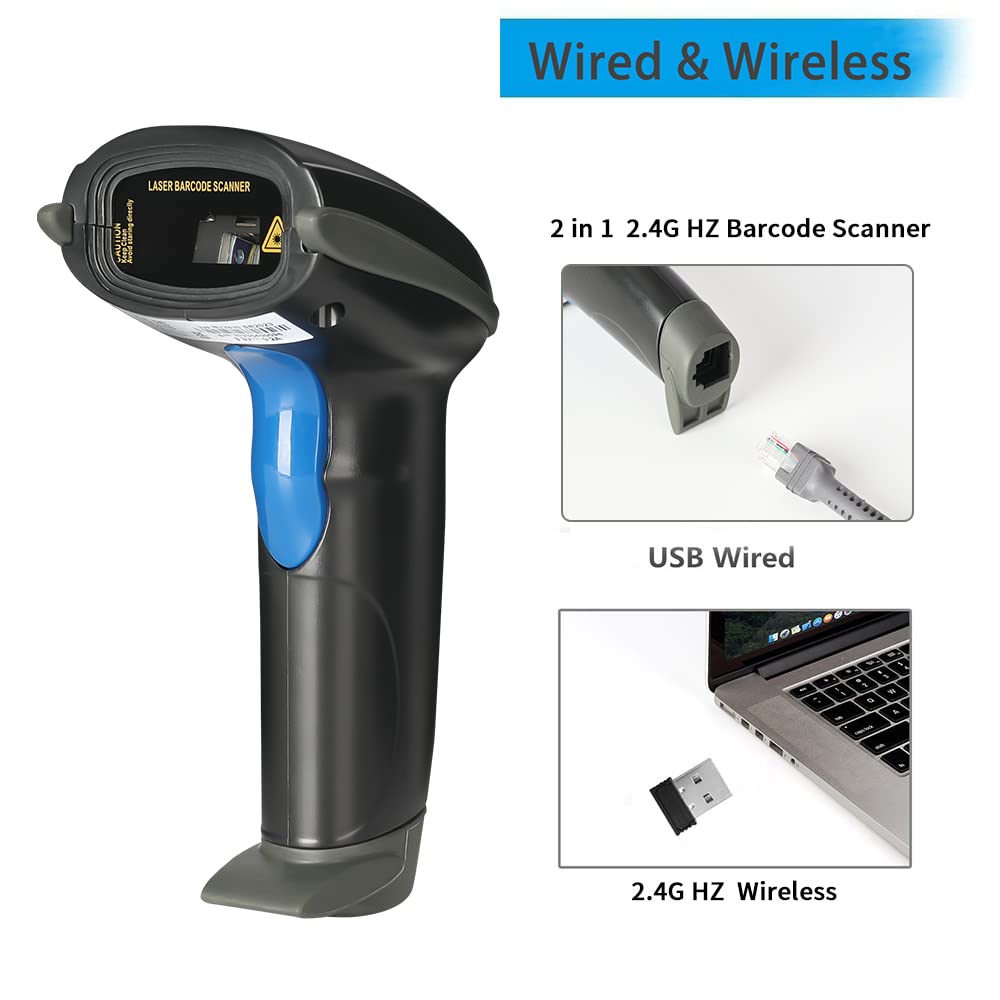 Laser 2.4G Wireless 1D Bar Code Scanners Readers for Computers PC Laptop, UNIDEEPLY Barcode Handheld, Hand Scanning Label UPC EAN Reader Gun Cordless Retails, Black