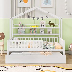 Merax Wood Twin Montessori Bed Frame with Twin Trundle/Book Shelf Low Sofa Daybed for Boys Girls No Box Spring Needed White