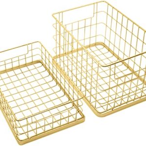 Set of 2 Stackable 10" Metal Wire Storage Basket Bins With Handles (Gold Wide Mesh Base)