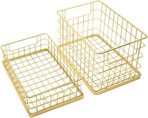 Set of 2 Stackable 10" Metal Wire Storage Basket Bins With Handles (Gold Wide Mesh Base)