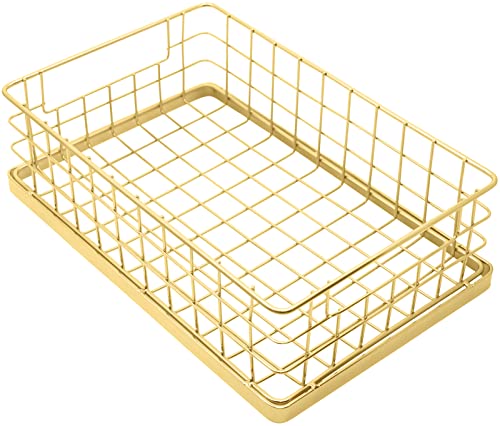 Set of 2 Stackable 10" Metal Wire Storage Basket Bins With Handles (Gold Wide Mesh Base)