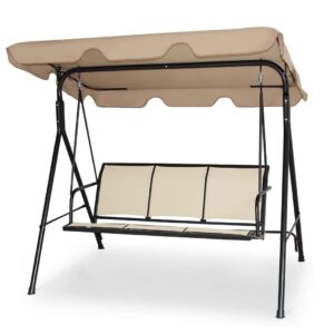 GRAFFY 3-Seat Deluxe Outdoor Swing with Weather Resistant Steel Frame & Polyester Angle Adjustable Tilt Canopy, 3 Person Porch Swing, Suitable for Patio, Garden, Poolside, Balcony, Brown