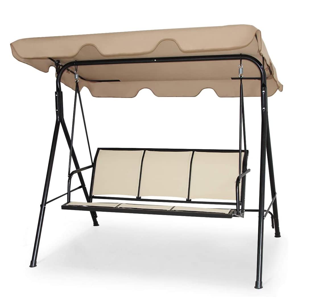 GRAFFY 3-Seat Deluxe Outdoor Swing with Weather Resistant Steel Frame & Polyester Angle Adjustable Tilt Canopy, 3 Person Porch Swing, Suitable for Patio, Garden, Poolside, Balcony, Brown