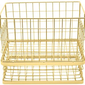 Set of 2 Stackable 10" Metal Wire Storage Basket Bins With Handles (Gold Wide Mesh Base)