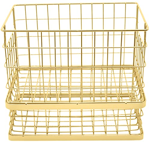 Set of 2 Stackable 10" Metal Wire Storage Basket Bins With Handles (Gold Wide Mesh Base)