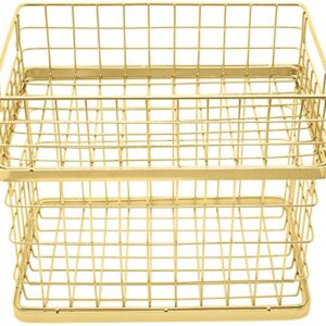 Set of 2 Stackable 10" Metal Wire Storage Basket Bins With Handles (Gold Wide Mesh Base)