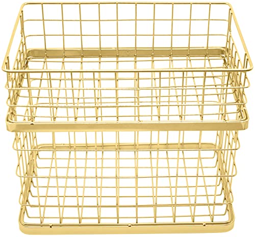 Set of 2 Stackable 10" Metal Wire Storage Basket Bins With Handles (Gold Wide Mesh Base)