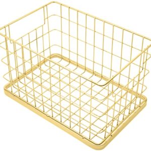 Set of 2 Stackable 10" Metal Wire Storage Basket Bins With Handles (Gold Wide Mesh Base)