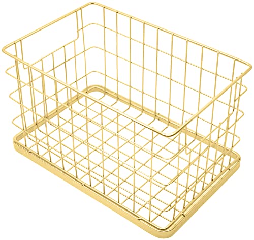 Set of 2 Stackable 10" Metal Wire Storage Basket Bins With Handles (Gold Wide Mesh Base)