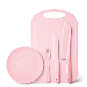 hartya kid-safe cooking knife set for real cooking with cutting board, plastic knives, plate & fork, bpa-free kids knives/toddler knives (a pink)